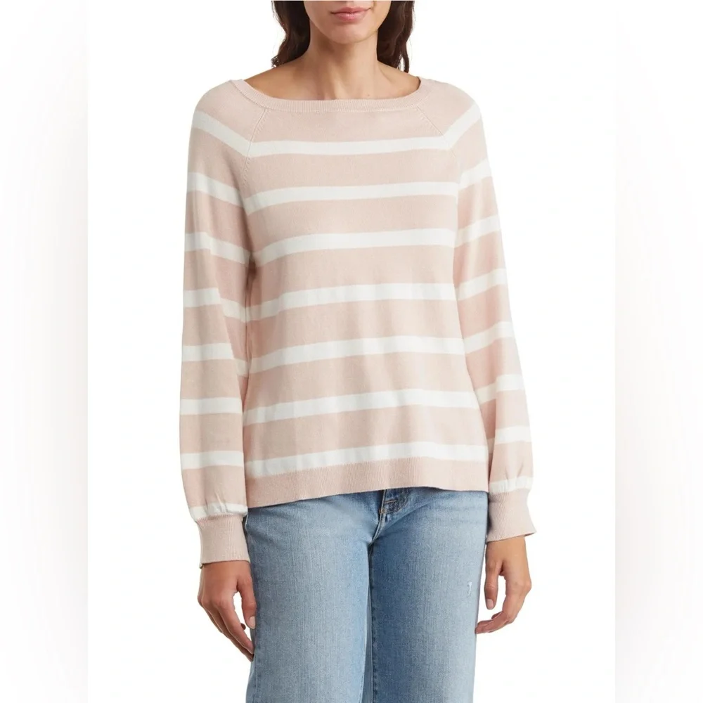 Adrianna Papell Sweater Size XL Pink White Women’s Striped Long Sleeve‎